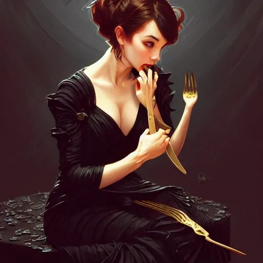 Prompt: very cute Miranda Kirr eating fork covered in honey wearing black-crimson silk dress, D&D, fantasy, intricate, elegant, highly detailed, digital painting, artstation, concept art, matte, sharp focus, illustration, hearthstone, art by Artgerm and Greg Rutkowski and Alphonse Mucha