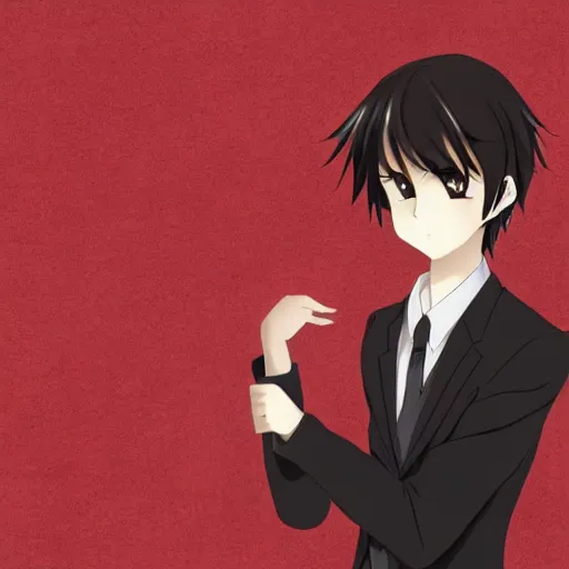 Prompt: a male teen with dark short hair and dark brown eyes wearing a dark formal overcoat, anime style, portait photo, high quality, beautiful, trending on DeviantArt, anime boy