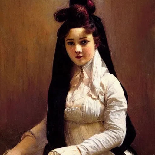 Image similar to maid!!! cosplay, symmetric beautiful face, orientalism portrait of a cute young woman with twin tails by Edwin Longsden Long and Theodore Ralli and Nasreddine Dinet and Adam Styk masterful intricate artwork