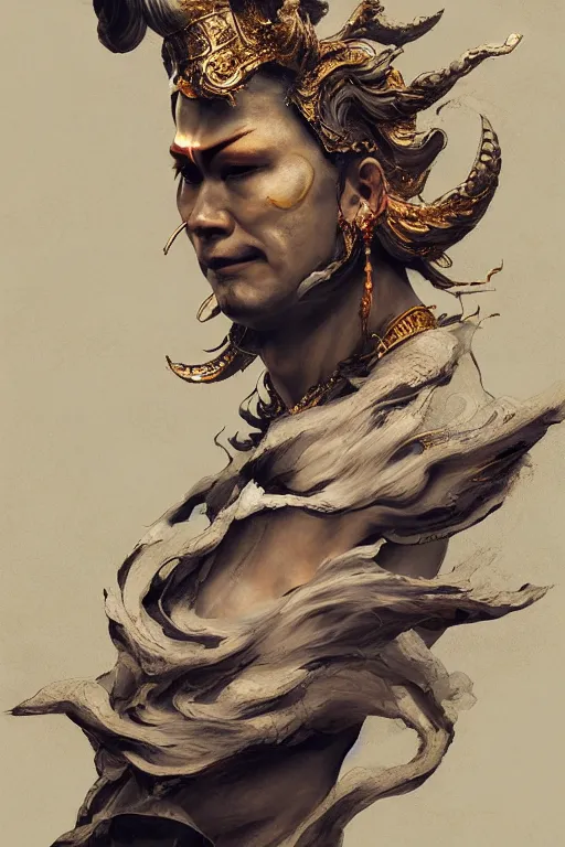 Image similar to Japanese god, portrait, powerfull, intricate, elegant, volumetric lighting, scenery, digital painting, highly detailed, artstation, sharp focus, illustration, concept art, ruan jia, steve mccurry