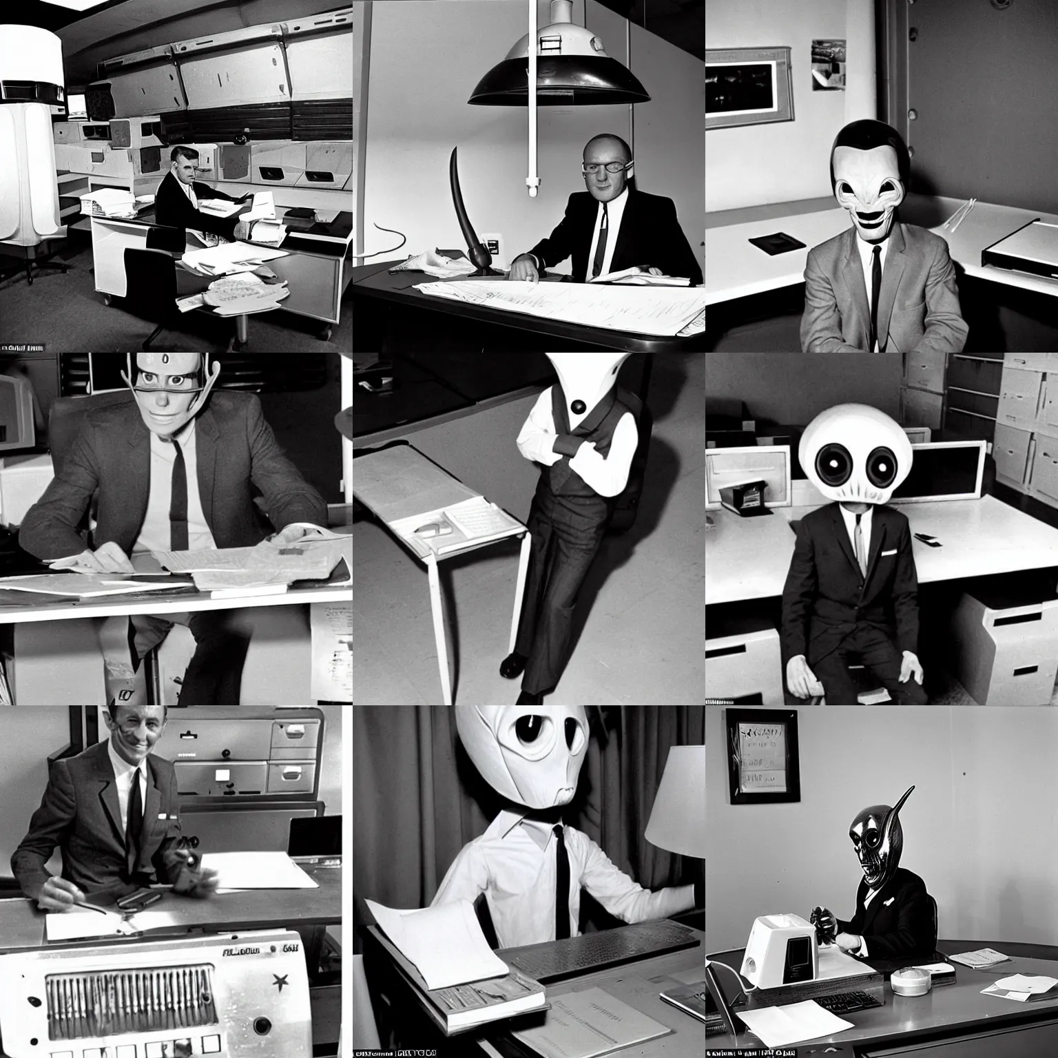 Prompt: an alien wearing a suit working a desk job at Area 51 in 1960s, archive photograph