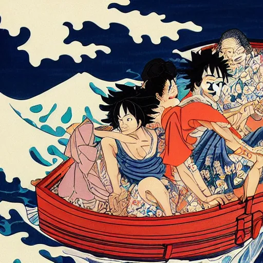 Image similar to a hokusai painting masterpiece exposed in Paris : the vogue merry ship of luffy from one piece sailing on the wave of hukusai This 4K HD image is Trending on Artstation, featured on Behance, well-rendered, extra crisp