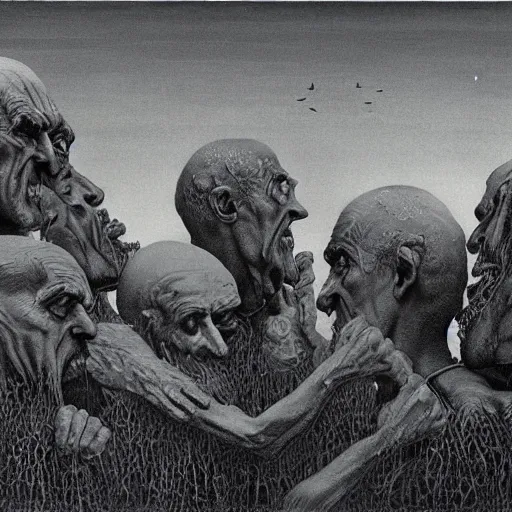 Prompt: a group of men having a beer by artist zdzisław beksinski