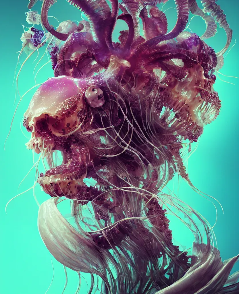 Image similar to goddess close-up portrait goat skull. jellyfish phoenix head, nautilus, orchid, skull, betta fish, bioluminiscent creatures, intricate artwork by Tooth Wu and wlop and beeple. octane render, trending on artstation, greg rutkowski very coherent symmetrical artwork. cinematic, hyper realism, high detail, octane render, 8k