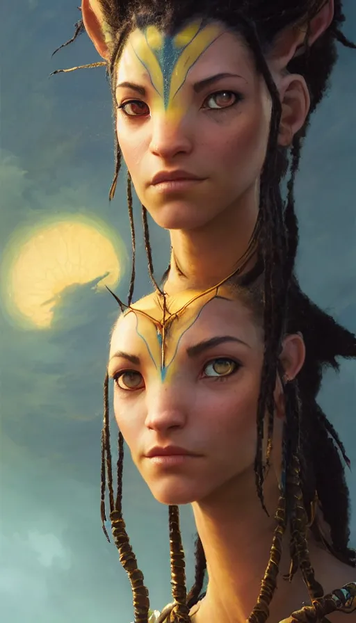 Image similar to highly detailed portrait of beautiful female warrior in avatar, dynamic pose, stephen bliss, unreal engine, fantasy art by greg rutkowski, loish, rhads, ferdinand knab, makoto shinkai and lois van baarle, ilya kuvshinov, rossdraws, tom bagshaw, global illumination, radiant light, detailed and intricate environment