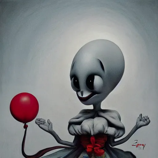 Prompt: painting of bugs bunny with a wide smile and a red balloon by Zdzisław Beksiński, loony toons style, pennywise style, corpse bride style, creepy lighting, horror theme, detailed, elegant, intricate, conceptual, volumetric light