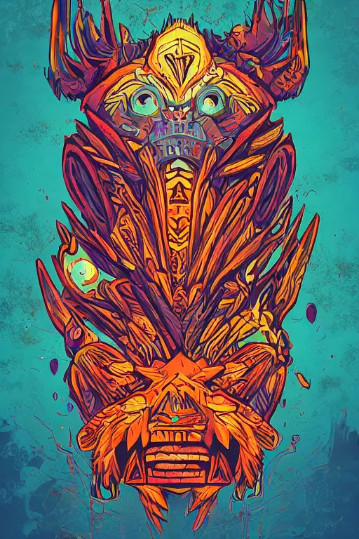 Image similar to totem animal tribal chaman vodoo mask feather gemstone plant wood rock video game illustration vivid color borderlands by josan gonzales and dan mumford radiating a glowing aura