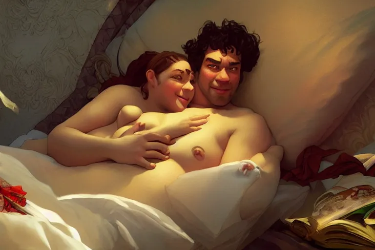 Image similar to russian poet alexander pushkin and shrek together in bed, portrait, highly detailed, digital painting, artstation, concept art, smooth, sharp focus, illustration, cinematic lighting, art by artgerm and greg rutkowski and alphonse mucha