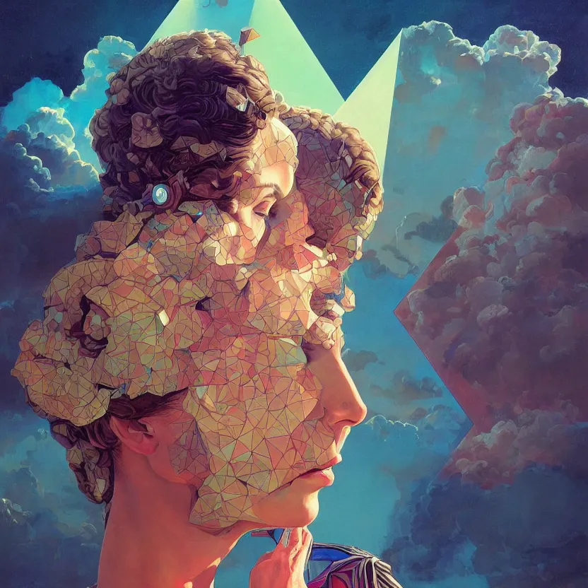 Prompt: a neoclassicist sci - fi close - up portrait of a geometric woman becoming colorful puffy cartoon clouds. reflective detailed textures. studio lighting, dark background. highly detailed fantasy science fiction painting by, moebius, norman rockwell, frank frazetta, and syd mead. high contrast. artstation