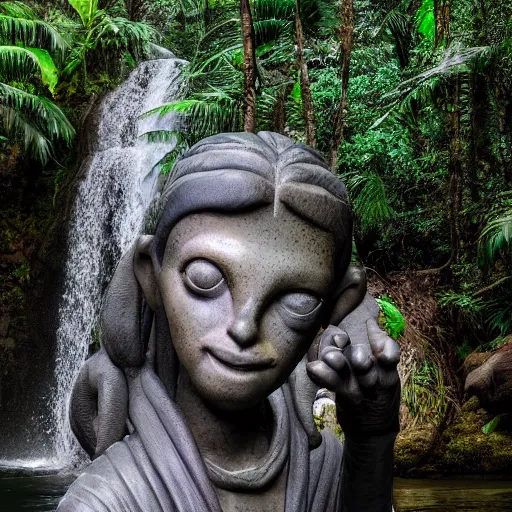 Prompt: Maya stone statue of an alien in front of a beautiful waterfall in the jungle, award winning photography, 8k