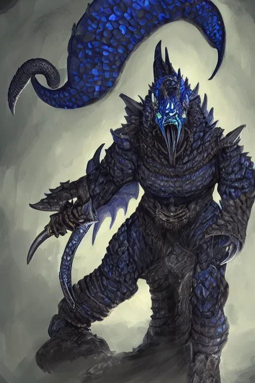 Image similar to a D&D character of a dark blue dragonborn with large tusks, half a face flaming with blue flame, he wears a black dragon scales armor, D&D concept art