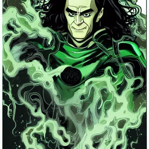 Image similar to The artwork is conceptual artwork for a graphic novel that shows Loki, the god of mischief, in a variety of emotional states. Lee Garbell produced the artwork in 2015. The illustration is wonderfully detailed, and each expression on Loki's face is well captured.