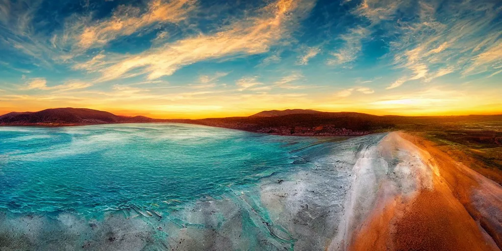 Image similar to a beach between two valley, sun set, digital art, highly detailed, drone wide shot