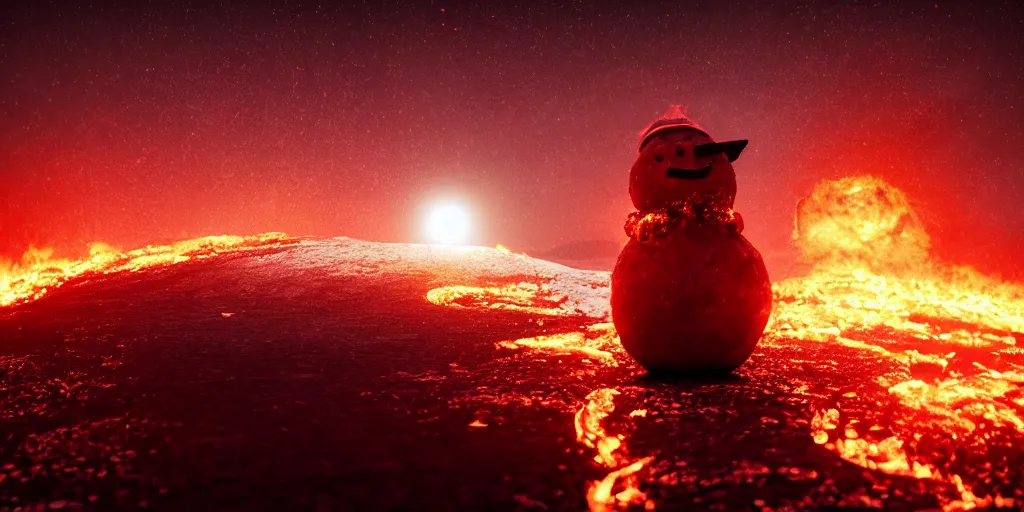 Image similar to a melted glowing snowman melting on top of the sun. the ground is made of fire and lava and is glowing orange. cinematic, dramatic, epic, volumetric lighting, atmospheric, red, orange extremely coherent, masterpiece, highly detailed, trending on artstation, 8 k, space, warm, solar flare, blade runner 2 0 4 9