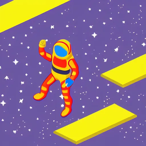 Image similar to spaceman walking on catwalk that leads no where, surrounded by stars, isometric view