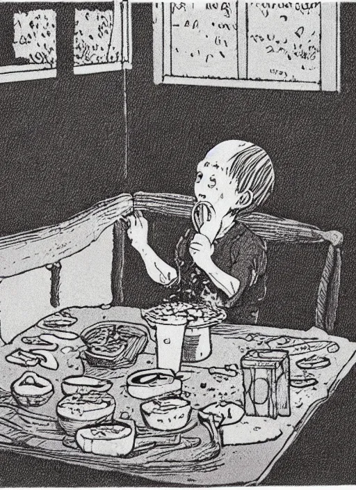 Image similar to child eating mcdonald's, by edward gorey