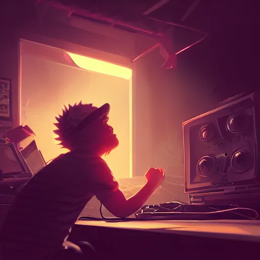 Image similar to hand drawn cute hardcore music dj, playing music for online streaming, detailed face, concept art, low angle, high detail, warm lighting, volumetric, godrays, vivid, beautiful, trending on artstation, by jordan grimmer, huge scene, art greg rutkowski