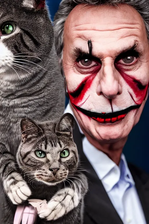 Image similar to Mauricio Macri with an angry cat in his hand in Elaborate Joker Makeup and prosthetics designed by Rick Baker, Hyperreal, Head Shots Photographed in the Style of Annie Leibovitz, Studio Lighting