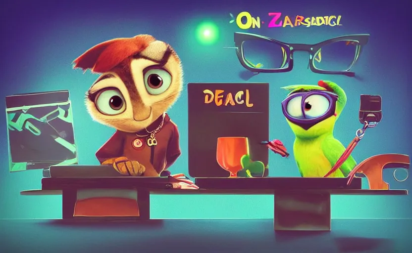 Image similar to “ one cute parrot with very big eyes, wearing a bandana and chain, holding a laser gun, standing on a desk, digital art, award winning, in the style of the movie zootopia ”