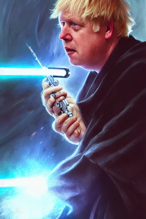 Image similar to Boris Johnson as a Jedi from Star Wars, Union Jack light saber, realistic portrait, symmetrical, highly detailed, digital painting, artstation, concept art, smooth, sharp focus, illustration, cinematic lighting, art by artgerm and greg rutkowski and alphonse mucha