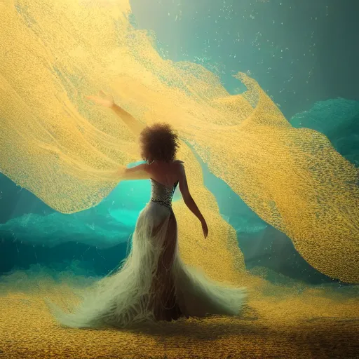 Prompt: woman dancing underwater wearing a long flowing dress made of many translucent layers of gold and silver lace seaweed, bolts of bright yellow fish, delicate coral sea bottom, swirling silver fish, swirling smoke shapes, octane render, caustics lighting from above, cinematic, hyperdetailed