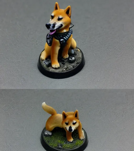 Image similar to a shiba inu, resin miniature, 2 8 mm heroic scale, games workshop, deity, citadel colour, glowing eyes, osl, nmm, r / paintedminis, round base, fantasy ttrpg villain, dungeons and dragons, reaper minis