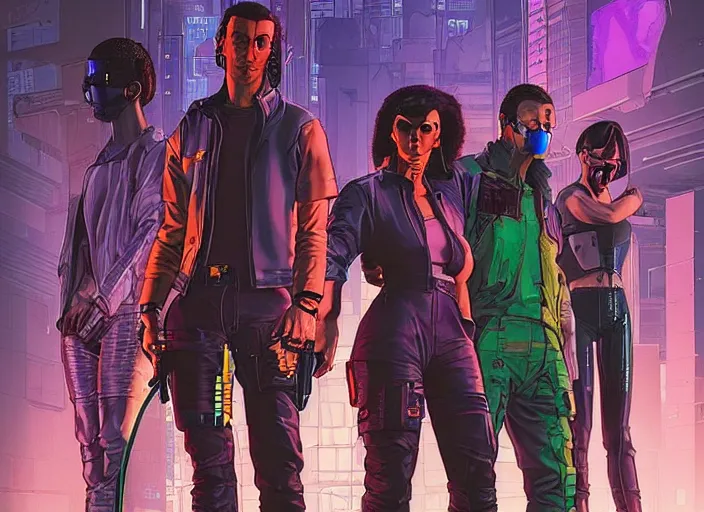 Image similar to cyberpunk heist crew. portrait by stonehouse and mœbius and will eisner and gil elvgren and pixar. character design. realistic proportions. dystopian. cyberpunk 2 0 7 7, apex, blade runner 2 0 4 9 concept art. cel shading. attractive face. thick lines. hi def 4 k. the team. detailed characters.