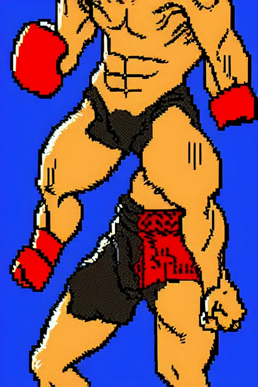 Image similar to extreme long shot. 8 bit nes graphics. hermann nitschantropomorphic muscular masculine wolf. kickboxer fighter, in shorts. wolf head. art from nes game cartridge,