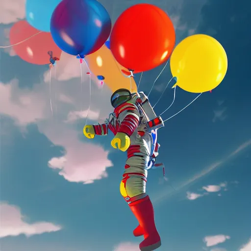 Prompt: an Astronaut floating away holding onto a bunch of colourful balloons, vivid colors, artstation