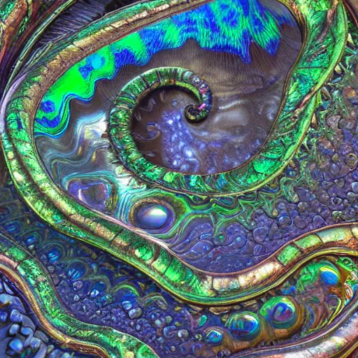 Image similar to Art Nouveau cresting oil slick waves, hyperdetailed bubbles in a shiny iridescent oil slick wave, ammolite, detailed giant opalized ammonite shell, black opal, abalone, paua shell, ornate copper patina medieval ornament, rococo, oganic rippling spirals, octane render, 8k 3D