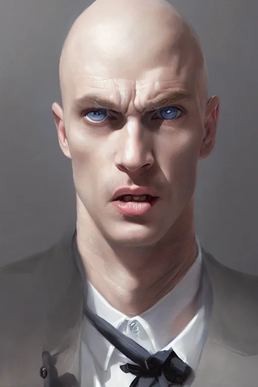 Prompt: Bald man, angry, bright blue eyes, white suit, medium shot, elegant, highly detailed, centered, oil painting, artstation, concept art by tom bagshaw