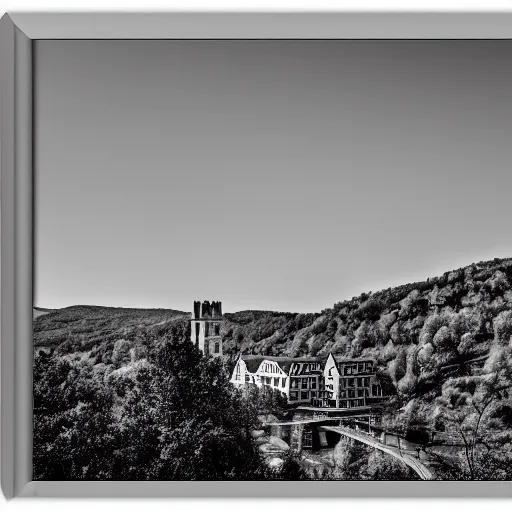 Image similar to harpers ferry, photorealistic, 8k, award winning, black and white