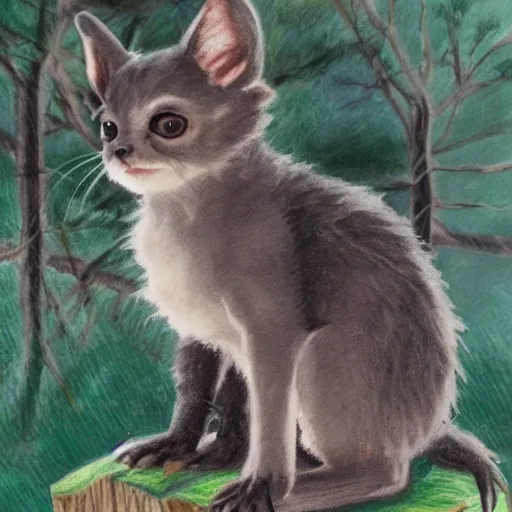 Prompt: a child drawning of a bat kitten sitting in the forest