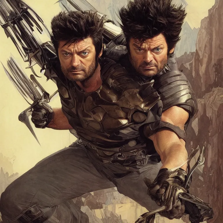 Image similar to Karl Urban as Wolverine, highly detailed, digital painting, artstation, concept art, smooth, sharp focus, illustration, ArtStation, art by artgerm and greg rutkowski and alphonse mucha and J. C. Leyendecker and Edmund Blair Leighton and Katsuhiro Otomo and Geof Darrow and Phil hale and Ashley wood and Ilya repin and Charlie Bowater