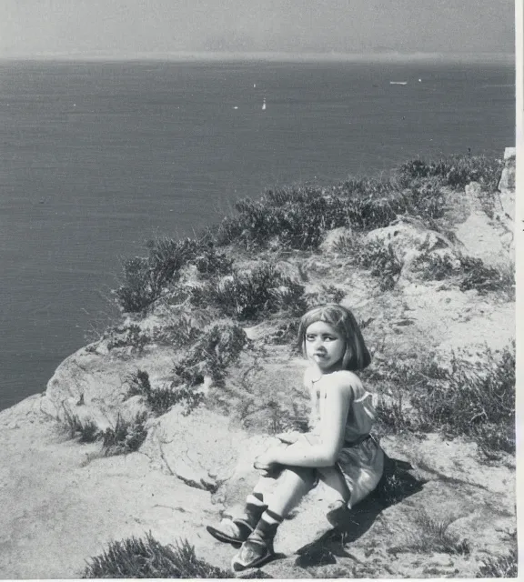 Prompt: a vintage photo of a girl sitting on a cliff overlooking the beach.