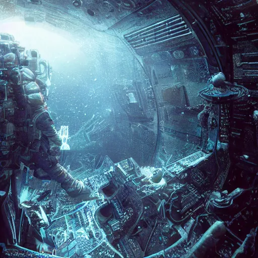 Image similar to concept art by craig mullins astronaut in futuristic dark and empty spaceship underwater. infrared complex and hyperdetailed technical suit. mandelbulb fractal. reflection and dispersion materials. rays and dispersion of light. volumetric light. 5 0 mm, f / 3 2. noise film photo. flash photography. unreal engine 4, octane render. interstellar movie art