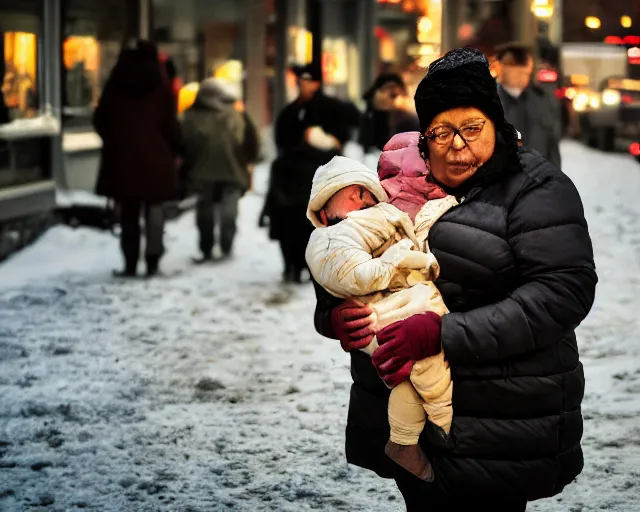 Image similar to there's an infant clinging to his overweight mother in the cold as they go to shop for cigarettes, portra 4 0 0 candid photograph portrait by annie leibovitz, humans of new york, 3 5 mm macro shot, f / 3 2, hyperrealistic, cinematic lighting, hd wallpaper, 8 k, 4 k