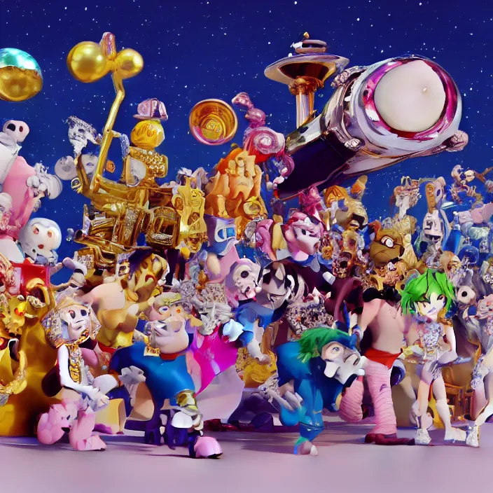 Image similar to jeff koons hip hop bauhaus style street sharks sailor moon wearing diamond grillz and a ton of bussdown iced gold bling in wallace & gromit strata - cut claymation, ultra realistic, concept art, intricate details, serious, highly detailed, photorealistic, octane render, 8 k, unreal engine, art by todd mcfarlane