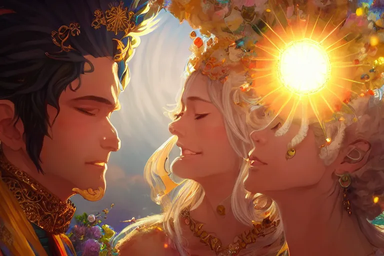 Image similar to close up moment of a divine a sun god and a moon goddess lovers magician at a wedding banquet, highly detailed, d & d, fantasy, 4 k realistic, digital painting, trending on artstation, concept art, sharp focus, illustration, art by makoto shinkai and akihiko yoshida and daniel gerhartz