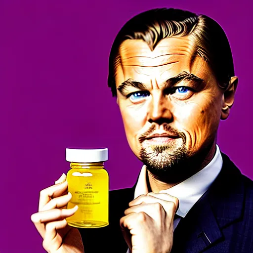 Image similar to detailed studio portrait of leonardo dicaprio holding tiny jar of tincture. watching ar camera. studio light, polished look, solid background, ad, fashion photography, by pierpaolo ferrari and maurizio cattelan, 3 5 mm photograph, david lachapelle, canon eos c 3 0 0, 8 k