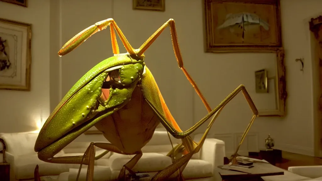 Image similar to the giant praying mantis head in the living room made of wax and water, film still from the movie directed by Wes Anderson with art direction by Salvador Dalí, wide lens