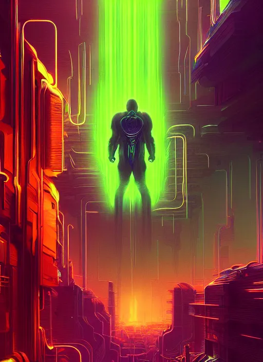 Image similar to poster of dr doom from inside wires futuristic city, beautiful neon drones, cinematic, highly detailed, photorealistic, rich bright colors, trending on artstation, giger, tsutomu nihei, trending on cgsociety, awe inspiring bruce pennington cityscape, digital art painting of 1 9 6 0 s