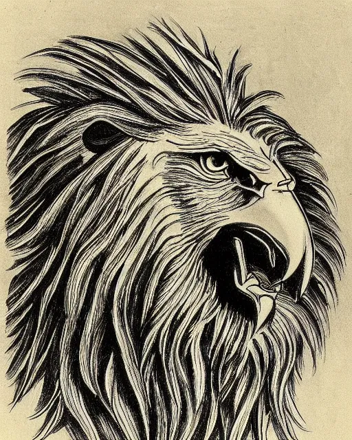 Prompt: mix of face of an eagle, face of an lion, face of an ox, face of an human, in one creature. drawn by da vinci