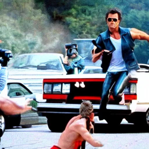 Image similar to still photo from the filming of the best 8 0's action movie