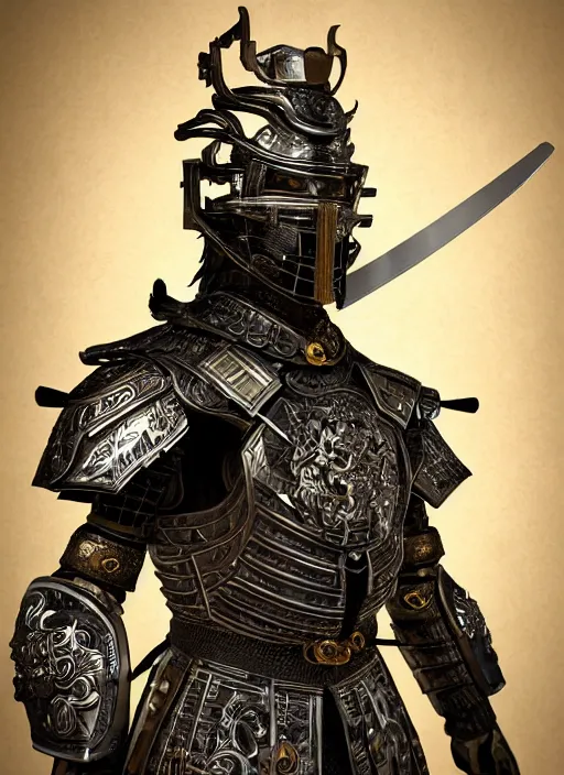 Image similar to hyper realistic glorious ancient samurai in a obsidian metal armor, futuristic design, designed by makoto kobayashi and luca zampriolo, portrait, cyberpunk style, wood and gold details, intricate, extremely detailed, ornate, deep of field, hard surface, exoskeleton, substance designer metal unreal engine. amazing likeness. very detailed.