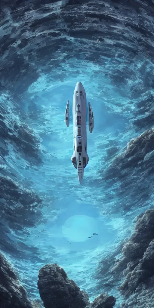 Image similar to white disc - shaped spacecraft submarine, fusion of subnautica and star trek, flying through a spectacular underwater coral canyon, kelp forest, schools of fish, in the style of john eaves ron walotsky ralph mcquarrie, soft natural volumetric lighting, realistic 4 k unreal engine 5 beautifully detailed render, 4 k post processing, trending on artstation