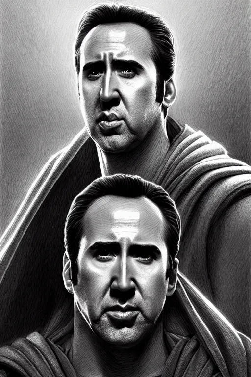 Image similar to portrait of nicolas cage as superman looking away from the camera, intricate, hyperrealistic, extremely detailed pencil drawing by simon stalenhag and greg rutkowski, artstation