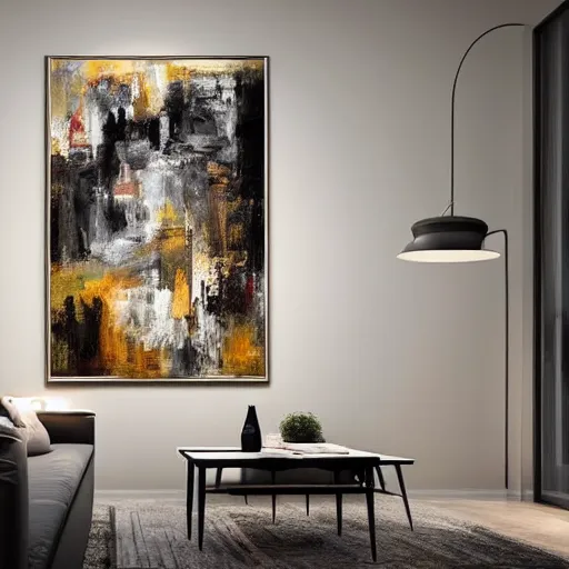 Image similar to mockup photo of luxury contemporary interior with large contemporary paintings for rich collectors, trending on pinterest, sharp hdr cinematic lighting 8 k