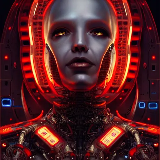 Image similar to low angle shot of a cyberpunk robot character surrounded by red computer wires, intricate, elegant, highly detailed, centered, digital painting, artstation, concept art, smooth, sharp focus, illustration, artgerm, Tomasz Alen Kopera, Peter Mohrbacher, donato giancola, Joseph Christian Leyendecker, WLOP, Boris Vallejo