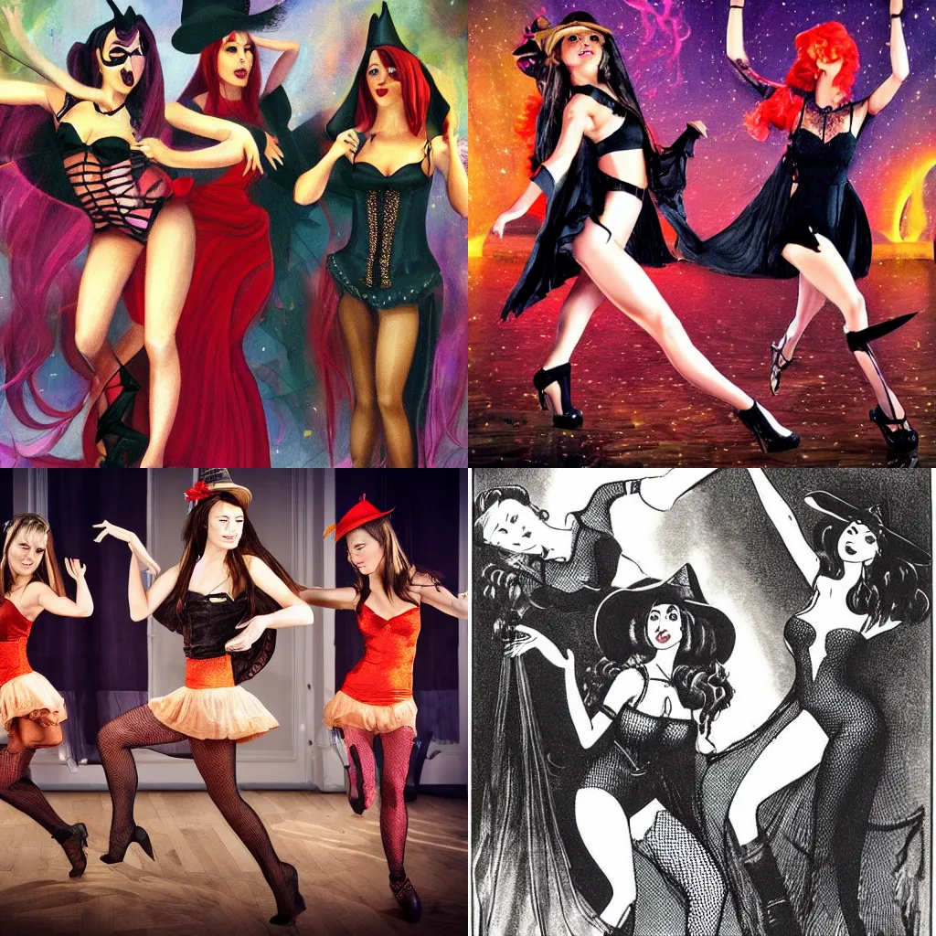 Prompt: beautiful seductive full body attractive witches dancing around synthtesizers